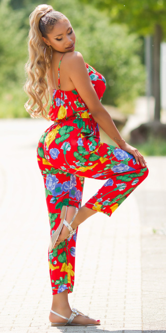 Trendy zomer overall met bloemen-print rood